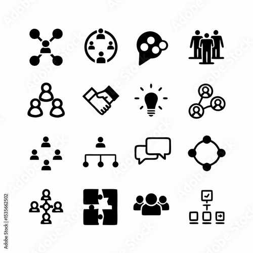 Design a vibrant icon pack depicting diverse teamwork & collaboration scenarios.  Include icons showcasing synergy, shared goals, and diverse team members.
