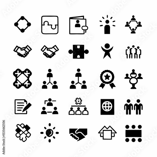 Create a diverse icon pack depicting teamwork, collaboration, and synergy.  Include diverse people, hands clasped, puzzle pieces, and collaborative tools.