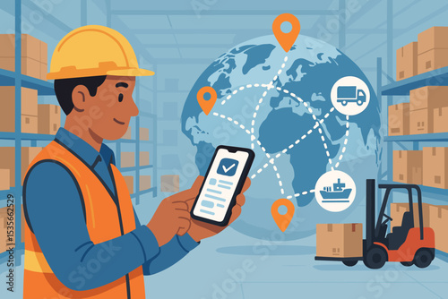 Smart logistics and supply chain management concept. Warehouse worker using phone for global shipping and inventory control. Freight distribution, cargo tracking, and delivery service.