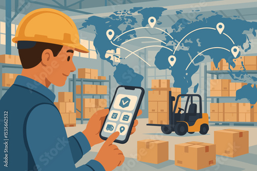 Smart logistics and global supply chain management concept. Warehouse worker using mobile app for inventory control and order tracking. International freight distribution network.