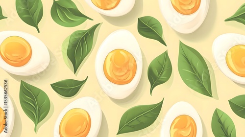Sliced boiled eggs with fresh green leaves arranged on a light yellow background