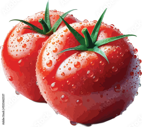 Two fresh red tomatoes with water droplets isolated on white background artistic illustration