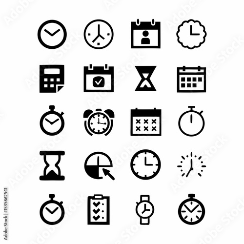 Create a set of modern, minimalist vector icons representing effective time management strategies, including calendar, clock, checklist, alarm, and priority symbols.