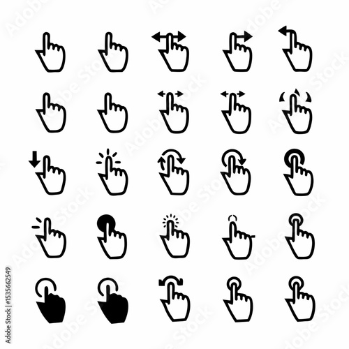 Design a set of diverse, minimalist touch interaction gesture icons for UI/UX design, including tap, swipe, pinch, rotate, and double-tap.