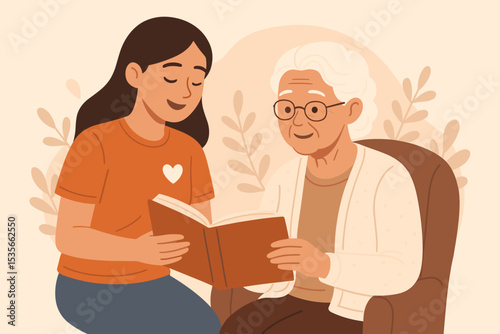 Caring volunteer reading a book to an elderly woman. Young caregiver helps senior in nursing home. Granddaughter with grandmother. Eldercare, support and companionship concept.