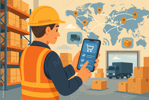 Smart logistics and supply chain management concept. Warehouse worker using smartphone app for inventory control and global shipping. World map tracking for cargo and e-commerce.