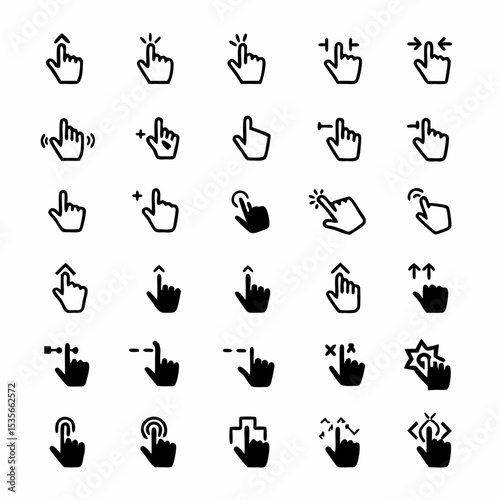 Design a set of diverse, modern touch interaction gesture icons; including tap, swipe, pinch, rotate, and double-tap.  Ensure clear, easily understandable visuals.
