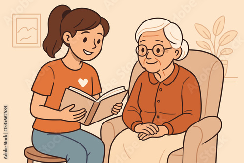 Caring volunteer reading a book to a senior woman. Granddaughter visiting grandmother. Concept for elderly care, nursing home, support, and companionship. Vector illustration for social work.