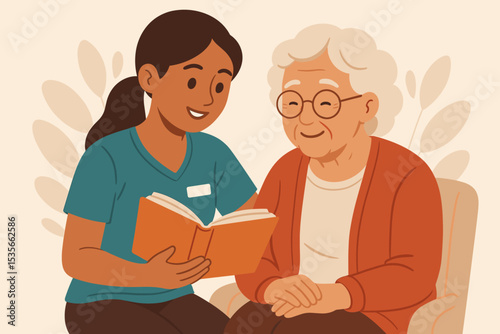Caregiver reading book to a senior woman. Nurse helps an elderly patient in a nursing home. Concept of elder care, compassion, companionship, assisted living, and volunteering.