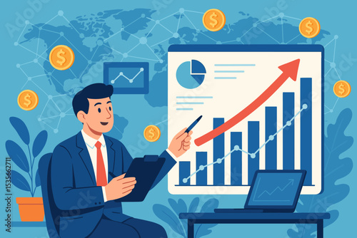 Financial analyst presenting business growth strategy. Man pointing at chart with increasing arrow. Global investment, market analysis, and profit concept. Corporate success report.