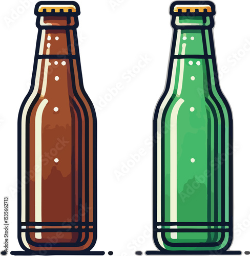 Vector illustration of two beer bottles brown and green colored with simple line art design