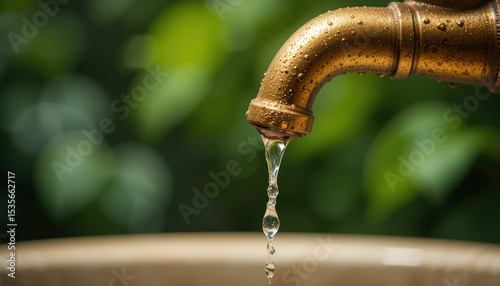 Golden Faucet Dripping Water Drops Against A Blurred Green Background in Dark Lighting	
