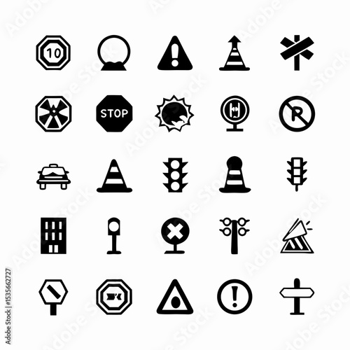Create a set of colorful, vector icons depicting various traffic signs and road markings, including stop signs, yield signs, speed limits, and lane markings.