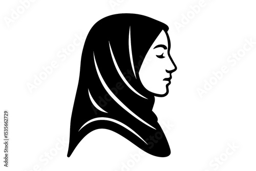 Muslim woman in hijab silhouette vector icon. Profile of a beautiful Arabian girl in a traditional headscarf. Islamic faith, modesty, and beauty concept. Serene female face.