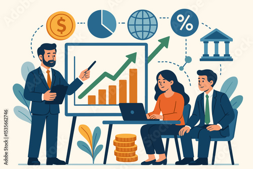 Financial advisor presenting investment strategy on a chart. Business expert coaching clients for profit growth. Corporate meeting concept for financial planning, analysis and success.