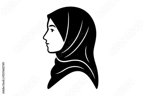 Arabian woman in hijab silhouette vector graphic. Beautiful Muslim girl face in profile. Islamic female wearing traditional headscarf. Middle Eastern culture, faith, and modesty concept.