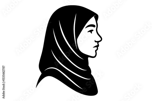 Muslim woman in hijab silhouette. Arabic girl profile. Islamic female head icon. Vector logo concept. Traditional beauty. Middle Eastern culture. Headscarf illustration.
