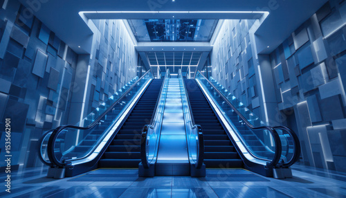 Modern Escalator in a Contemporary Blue Lit Architectural Interior with Geometric Lines	
