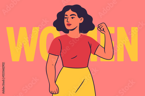 Empowered woman flexing bicep illustration. Girl power concept for feminism and women's rights. Strong female character showing strength and confidence for International Women's Day.