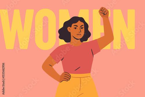 Strong confident woman with raised fist. Feminism concept. Girl power illustration. Female empowerment and women's rights protest movement. International Women's Day solidarity.