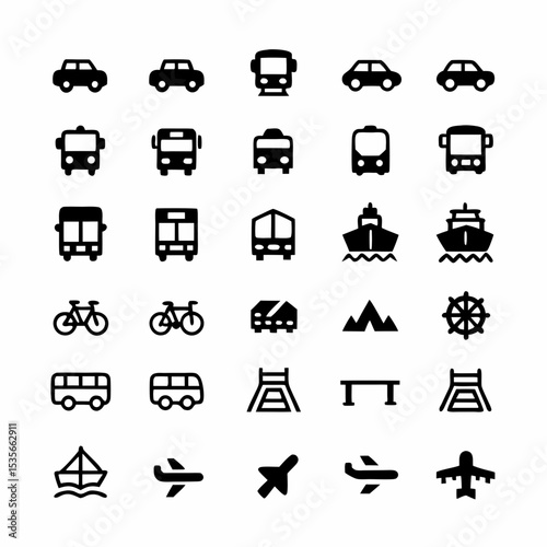 Design a set of diverse transportation mode icons car, plane, train, ship, bicycle, bus.  Include clean, simple line art style.