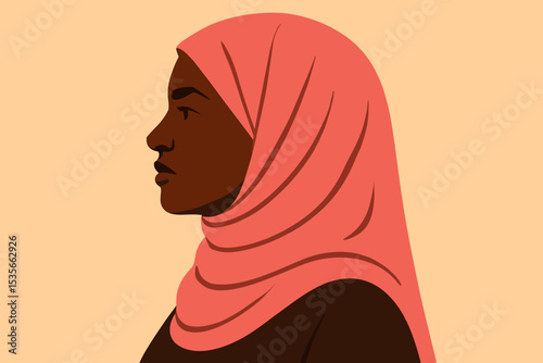 Portrait of a strong Black Muslim woman in profile wearing a pink hijab. Concept of empowerment, diversity, and inclusion. Modern flat vector illustration of a brave and resilient woman.