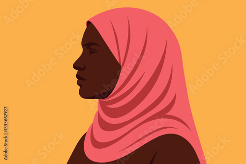 Brave hijabi woman portrait. Strong black muslim girl profile. Female empowerment. Women's rights. Feminism concept. Diversity and inclusion. Islamic culture. Modern vector art.