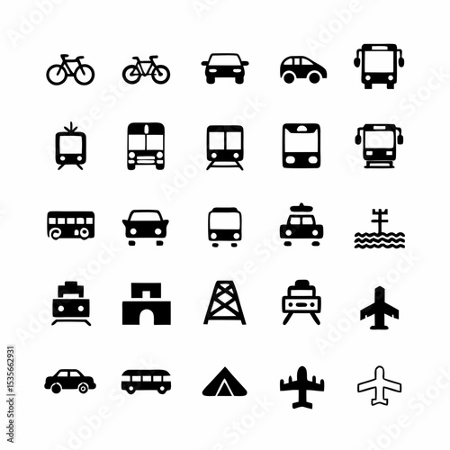 Create a set of diverse transportation mode icons, including car, plane, train, ship, bicycle, and bus, in a clean, minimalist style.