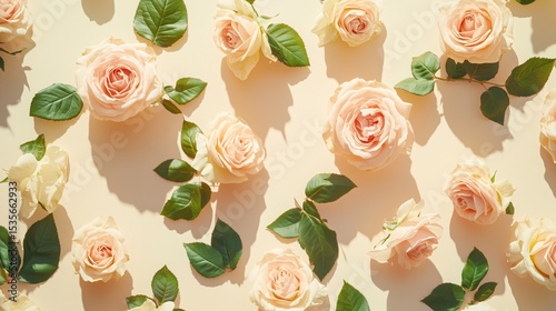 Elegant flat lay of pale roses and foliage on pastel surface, perfect for romantic, wedding, or spring themes
