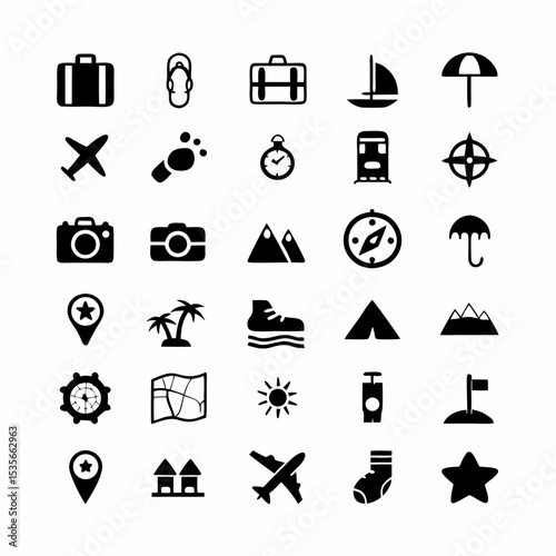 Create a set of vibrant, detailed vector icons depicting diverse travel activities, including flights, sightseeing, hiking, and relaxation.