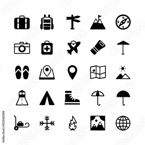Create a set of vibrant vector icons depicting diverse travel activities, including flights, hotels, sightseeing, and adventure.  Include diverse locations and activities.