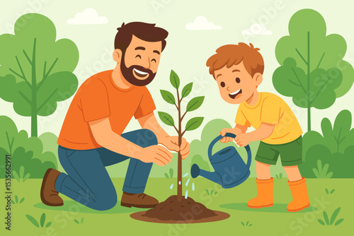 Happy father and son planting a tree together in the garden. Man teaching child about nature and conservation. Family bonding concept for Father's Day, Earth Day, and ecology.