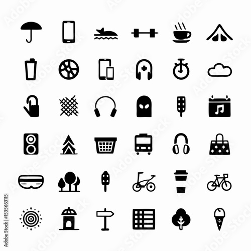 Create a vibrant icon set depicting key aspects of modern urban living, including transportation, technology, social interaction, and diverse architecture.