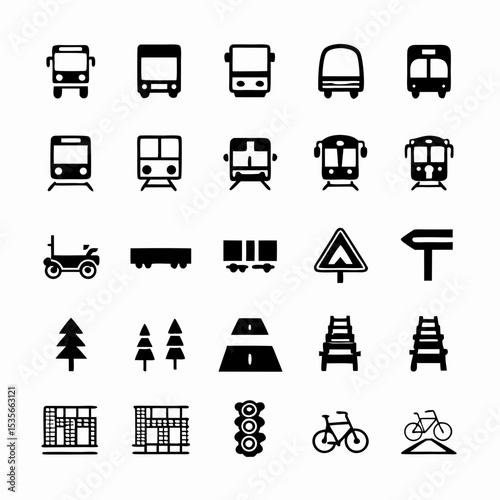 Design a vibrant icon pack depicting diverse urban transport buses, trams, trains, subways, bikes, cars, and pedestrian symbols.  Include both modern and classic styles.