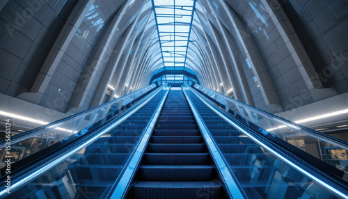 Modern Escalator in a Contemporary Blue Lit Architectural Interior with Geometric Lines	
