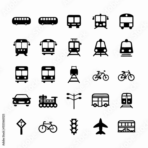 Design a vibrant icon pack depicting diverse urban transport modes bus, train, tram, subway, bicycle, taxi, scooter, and pedestrian.  Include both traditional and modern designs.