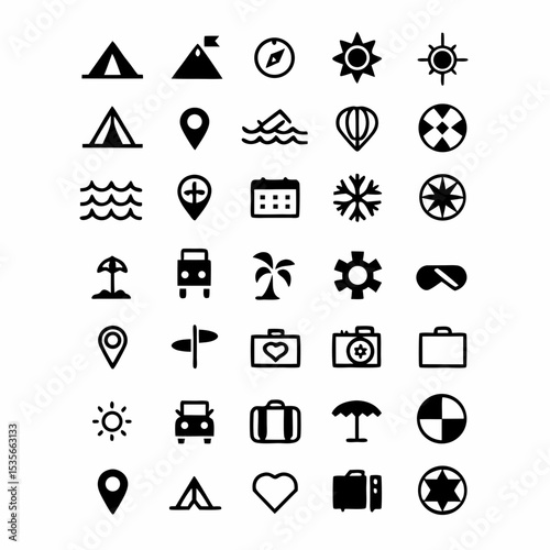 Design a set of travel itinerary icons depicting vacation activities, including flight, hotel, map, suitcase, camera, sun, beach, etc.  Modern, flat design style.