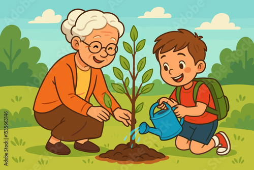 Senior woman and her grandson planting a young tree. Family bonding activity in the garden. Vector concept for ecology, Earth Day, Arbor Day, nature, education and teamwork.