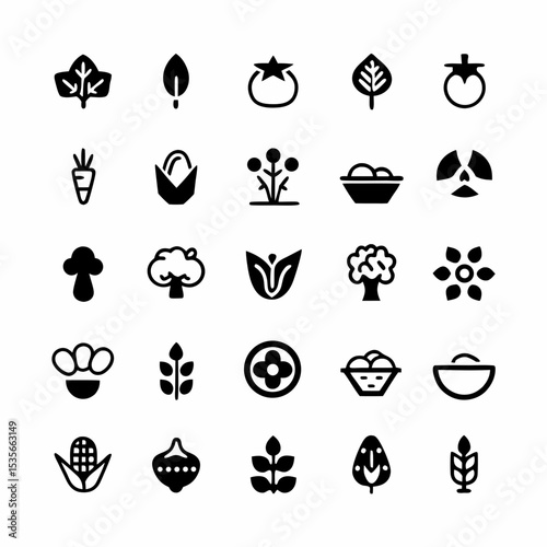 Create a set of vibrant, detailed icons representing diverse vegan and organic food.  Include fruits, vegetables, grains, and legumes.