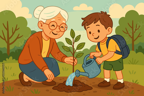 Grandmother and grandson planting a tree together. Cute cartoon illustration of family activity for environmental education, conservation, and growth. Earth Day concept vector.