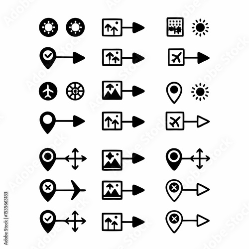 Design a set of vibrant, flat-style icons representing a vacation itinerary; including plane, suitcase, camera, map, beach, sun, etc.