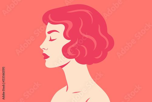 Woman profile vector illustration. Beautiful female face with pink wavy hair and closed eyes. Retro concept for beauty, cosmetics, spa, wellness, self-care, mindfulness.