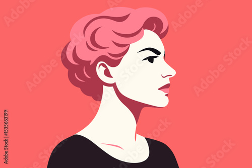 Portrait of a strong confident woman with pink hair. Side profile vector illustration. Concept of feminism, empowerment, and beauty. Minimalist flat graphic design with copy space.