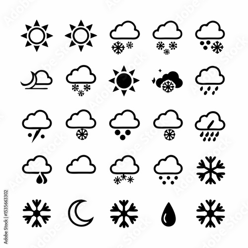 Create a comprehensive icon set depicting various weather and climate conditions, including sun, rain, snow, wind, clouds, and temperature variations.  High-resolution vector graphics preferred.