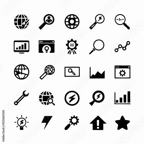 Design a set of vibrant, modern icons representing key website performance metrics (speed, uptime, traffic) and SEO elements (keywords, backlinks, rankings).  Include a legend.