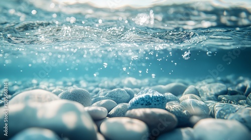 Underwater Pebble Seabed with Sunlight Rays in Clear Blue Ocean background