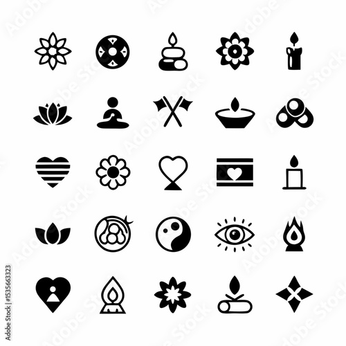 Design a vibrant icon pack depicting various wellness and meditation practices; include yoga poses, mindfulness symbols, healthy food, and nature elements.