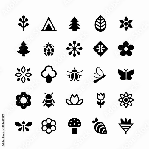 Create a diverse set of vibrant wildlife and biodiversity icons, showcasing various animals, plants, and ecosystems.  Include both terrestrial and aquatic life.