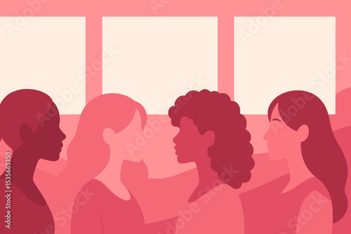 International Women's Day vector illustration with diverse female profiles. A group of multi-ethnic women in solidarity. Concept for sisterhood, feminism, and female empowerment.