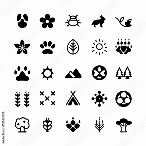 Create a diverse set of vibrant, detailed icons representing various wildlife and biodiversity elements, suitable for educational or conservation materials.